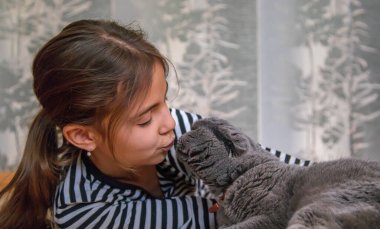 Evde kedisi olan bir kız çocuğu. Seçici odaklanma. Çocuk.