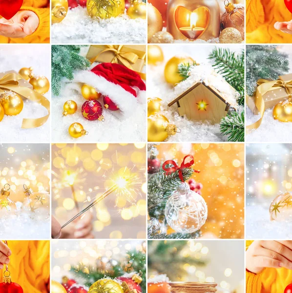Collage Met Prachtige Kerstfoto Selectieve Focus Nieuwjaar — Stockfoto