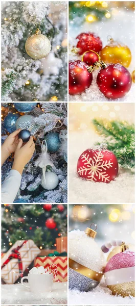 Collage Met Prachtige Kerstfoto Selectieve Focus Nieuwjaar — Stockfoto