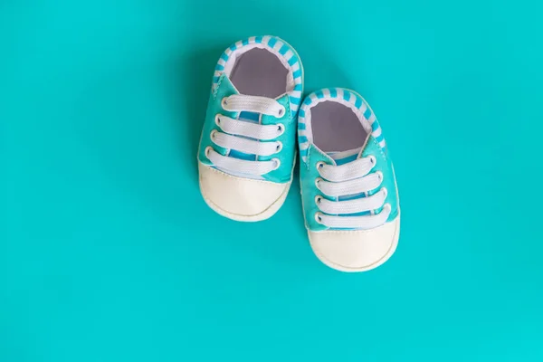 Baby Clothes Shoes Blue Background Selective Focus Nature — Stock Photo, Image