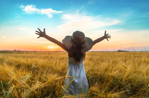 Uma Criança Olha Para Pôr Sol Num Campo Trigo Foco — Fotografia de Stock