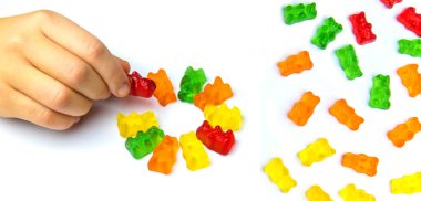 Jöle vitaminleri oyuncak ayılar beyaz arka planda izole edilir. Seçici odaklanma. Çocuk.