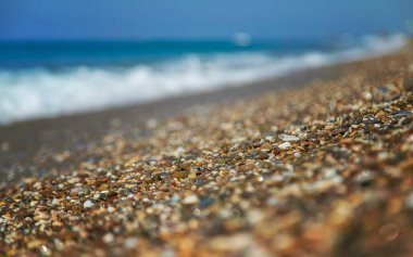 Pebbles on the beach by the sea. Selective focus. Nature.
