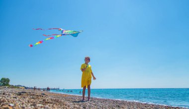 A child flies a kite on the beach. Selective focus. Kid.
