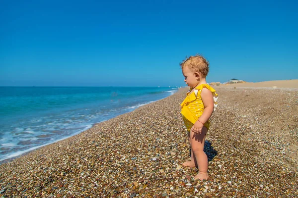 Baby Sitting Beach Sea Selective Focus Kid — стоковое фото