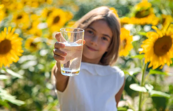 Barnet dricker vatten ur ett glas på ett blomsterfält. Selektiv inriktning. — Stockfoto
