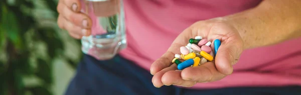 Old Woman Holds Pills Her Hands Selective Focus Peopel — Stock Photo, Image