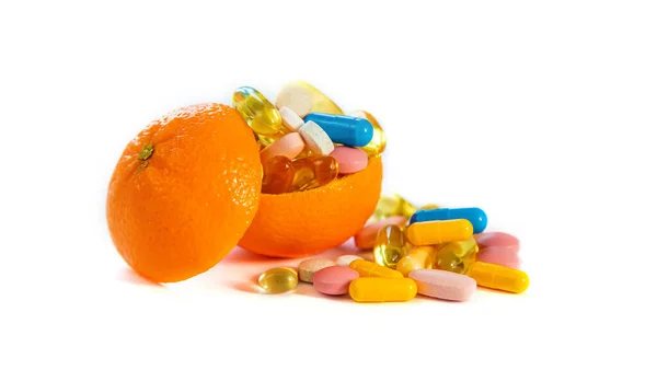 Таблетки Лекарства Апельсином Выборочный Фокус Природа — стоковое фото
