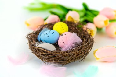 Beyaz arka planda güzel bir Paskalya dekoru. Seçici odaklanma. tatil.