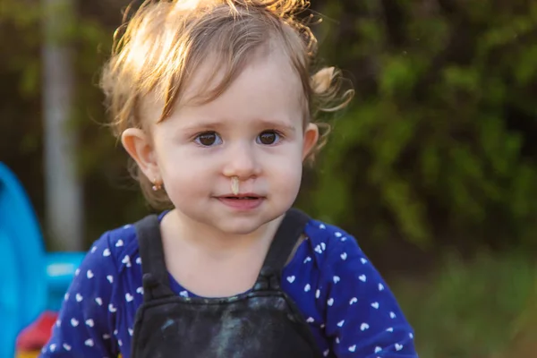 Baby Plays Snot Street Cold Nose Selective Focus Child —  Fotos de Stock