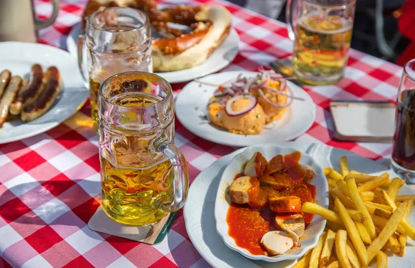 Bavarian Beer Sausages Table Selective Focus Food — стокове фото