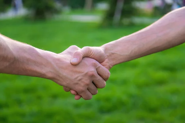 Handshake of men at a meeting in the park. Selective focus. People.