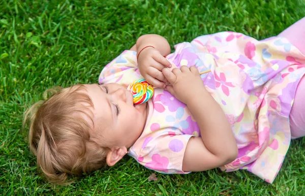 Baby Eats Lollipop Park Selective Focus Child — Stock Photo, Image