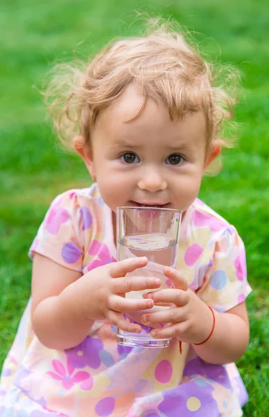 Baby Drinks Water Glass Selective Focus Child Stock Photo