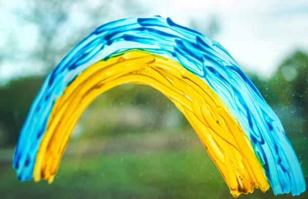 Children Window Painted Rainbow Ukraine Peaceful Sky Selective Focus Kid — Stock Photo, Image