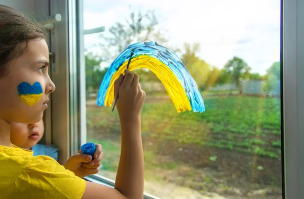 Children Window Painted Rainbow Ukraine Peaceful Sky Selective Focus Kid — Stock Photo, Image