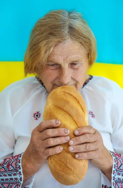 Büyükannem nakışlı gömlek giyen Ukraynalı bir vatansever. Seçici odaklanma. İnsanlar.