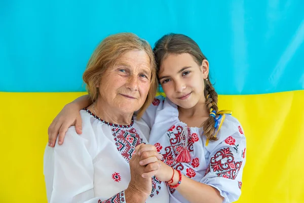 Ukrainian Grandmother Granddaughter Vyshyvanka Selective Focus Kid — Stock Photo, Image