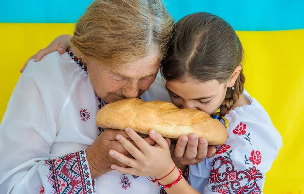 Ukrainian Grandmother Granddaughter Vyshyvanka Selective Focus Kid — Stock Photo, Image