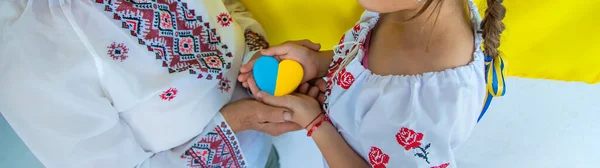 Ukrainian Grandmother Granddaughter Vyshyvanka Selective Focus Kid — Stock Photo, Image