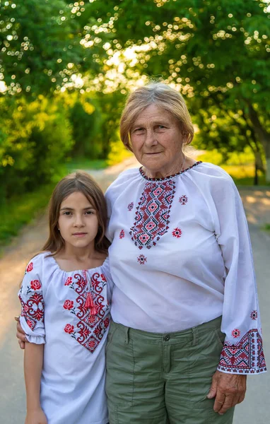 Ukrainian Grandmother Granddaughter Vyshyvanka Selective Focus Kid — Stock Photo, Image