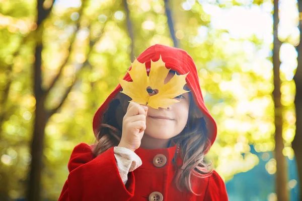 Дитина Червоному Пальто Осіннім Листям Любов Осінь Вибірковий Фокус Природа — стокове фото