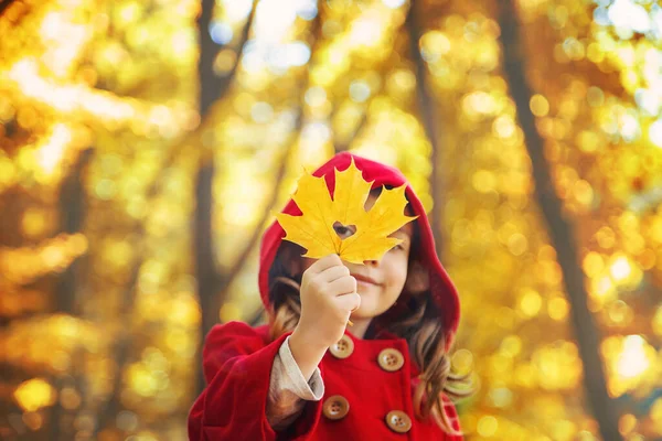 Kind Rotem Mantel Mit Herbstblättern Liebe Herbst Selektiver Fokus Natur — Stockfoto