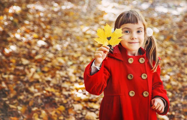 Ребенок Красном Пальто Осенними Листьями Люблю Осень Выборочный Фокус Природа — стоковое фото