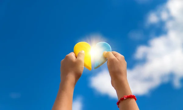 Child Holds Heart Ukraine Background Sky Selective Focus Kid — Stock Photo, Image