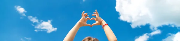 Child Makes Heart His Hands Sky Selective Focus Kid — Stock Photo, Image