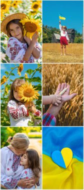 Ukrayna temalı fotoğrafların kolajı. Seçici odaklanma. çocuk.