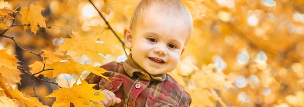 Kleiner Junge Park Auf Herbstblättern Selektiver Fokus — Stockfoto
