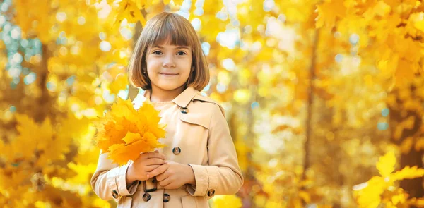 Sonbahar Yapraklarıyla Parktaki Çocuklar Seçici Odak — Stok fotoğraf