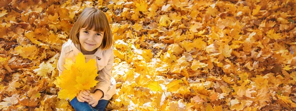 Crianças Parque Com Folhas Outono Foco Seletivo — Fotografia de Stock