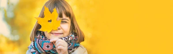 Niños Parque Con Hojas Otoño Enfoque Selectivo —  Fotos de Stock