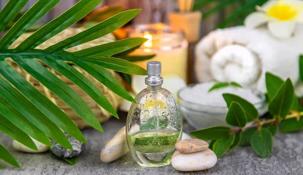 Hintergrund Wellness Kosmetik Und Öle Und Kräuter Selektiver Fokus Natur — Stockfoto