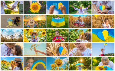 Ukrayna temalı fotoğrafların kolajı. Seçici odaklanma. çocuk.
