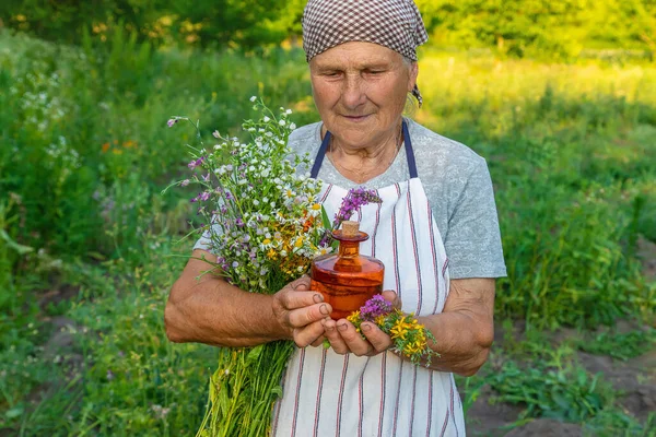 Old Woman Makes Herbal Tincture Selective Focus Nature — Stock Photo, Image