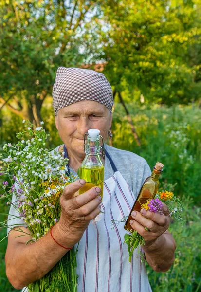 Old Woman Makes Herbal Tincture Selective Focus Nature — Stock Photo, Image