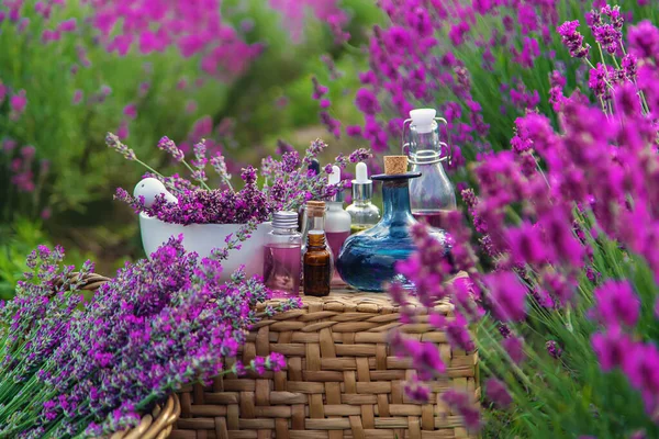 Lavendelkosmetik Auf Einem Feld Mit Blumen Selektiver Fokus Natur — Stockfoto