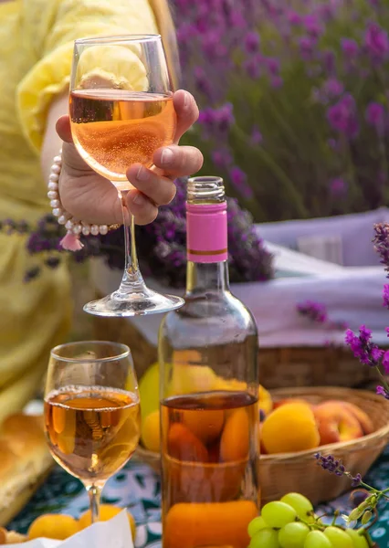 Woman Drinks Wine Lavender Field Selective Focus Food — 图库照片