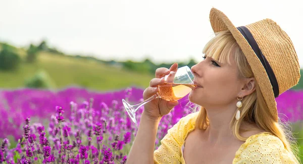 Woman Drinks Wine Lavender Field Selective Focus Food — Photo