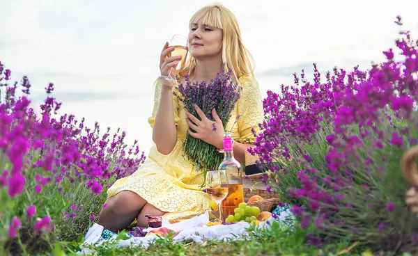 Woman Drinks Wine Lavender Field Selective Focus Food — Photo