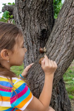The child looks at the snail. Selective focus. Nature.