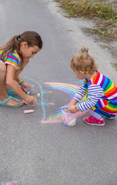 Child Draws Chalk Pavement Selective Focus Kid — Fotografia de Stock