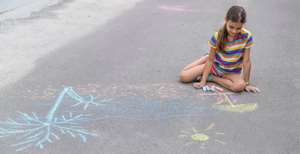 Child Draws Chalk Pavement Selective Focus Kid — Fotografia de Stock