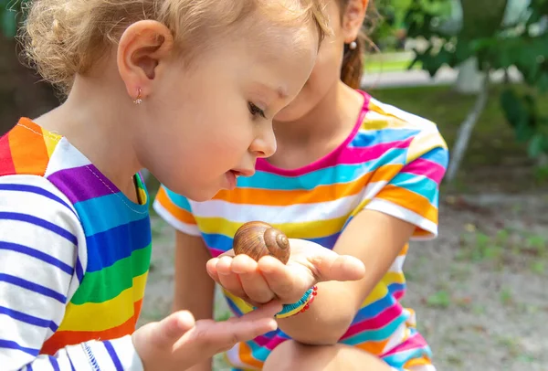 Child Looks Snail Selective Focus Nature — ストック写真