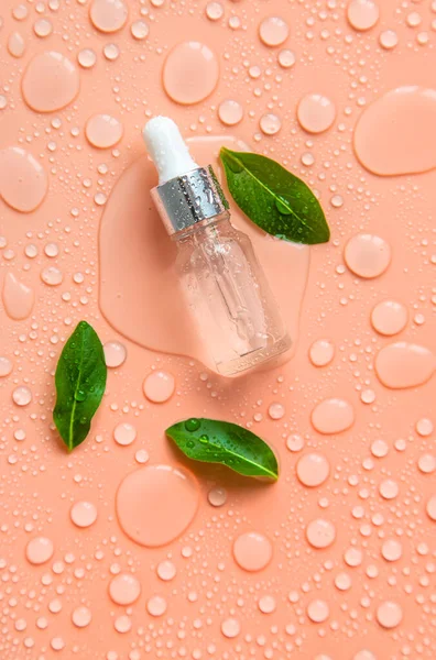 Bottle Cosmetics Drops Liquid Moisturizing Hyaluronic Acid Selective Focus Spa — Fotografia de Stock