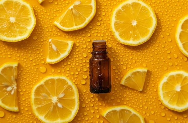 Bottle Cosmetics Drops Liquid Moisturizing Lemon Hyaluronic Acid Selective Focus —  Fotos de Stock