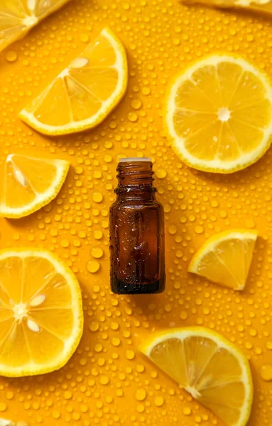Bottle Cosmetics Drops Liquid Moisturizing Lemon Hyaluronic Acid Selective Focus —  Fotos de Stock